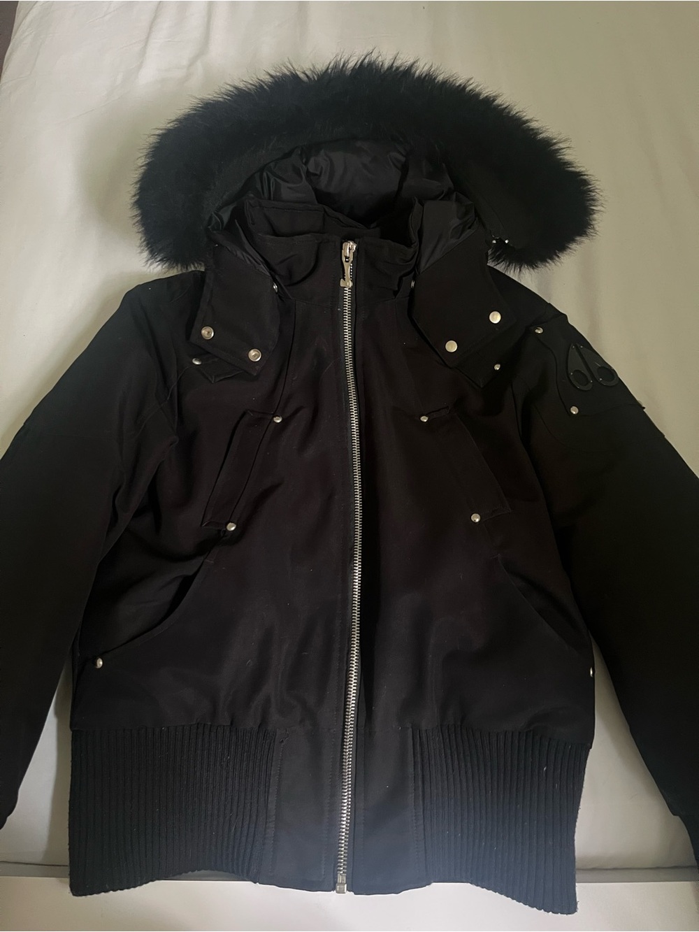 Moose Knuckles Black Fur-Trim Hooded Puffer Jacket